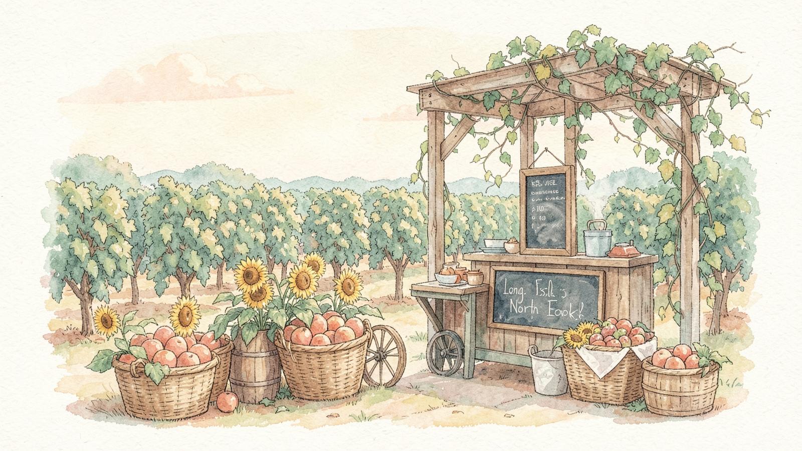 Watercolor of a North Fork farm stand with sunflowers and baskets of peaches