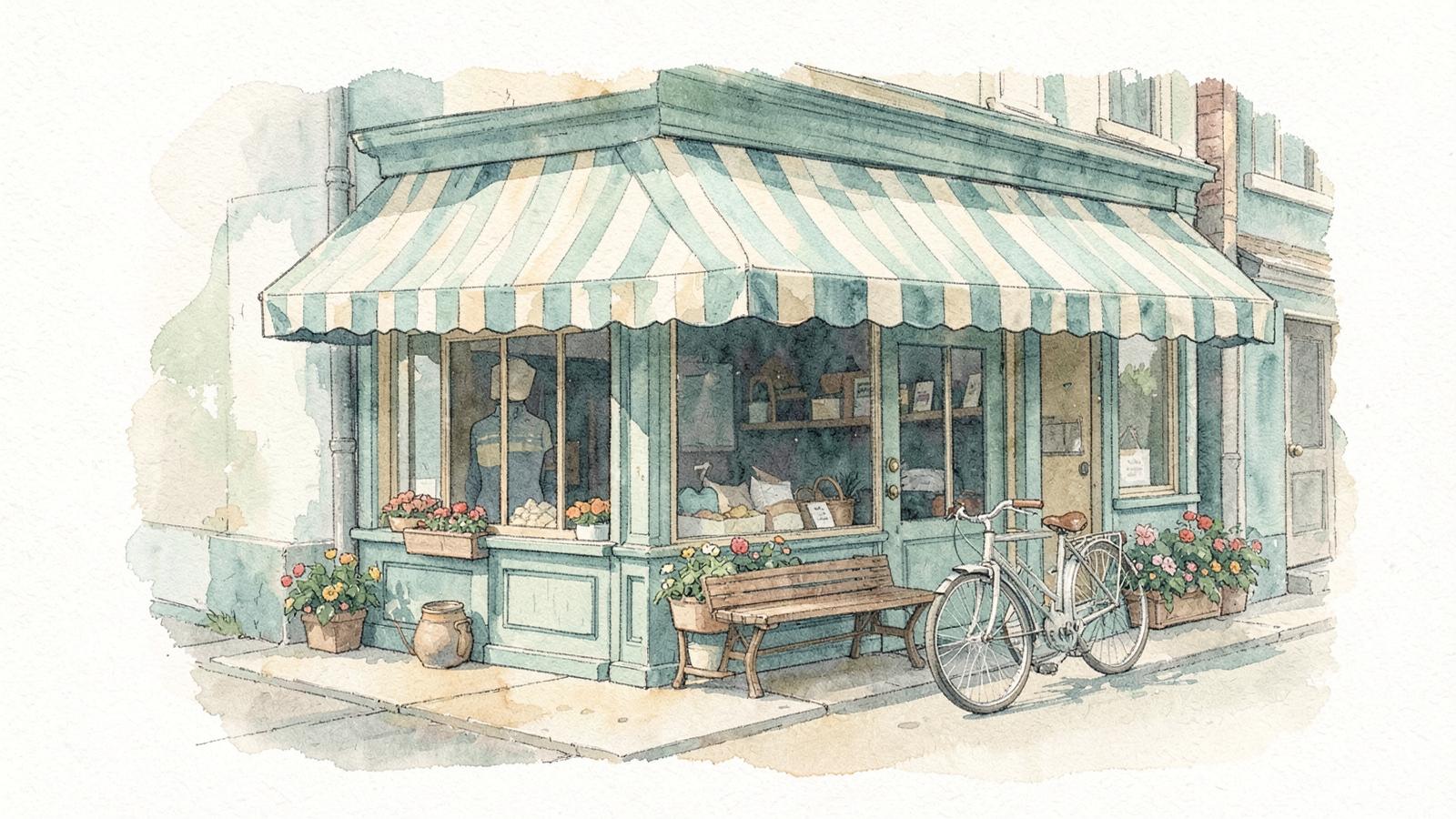 Watercolor of a quaint Long Island main street storefront with a striped awning and bicycle
